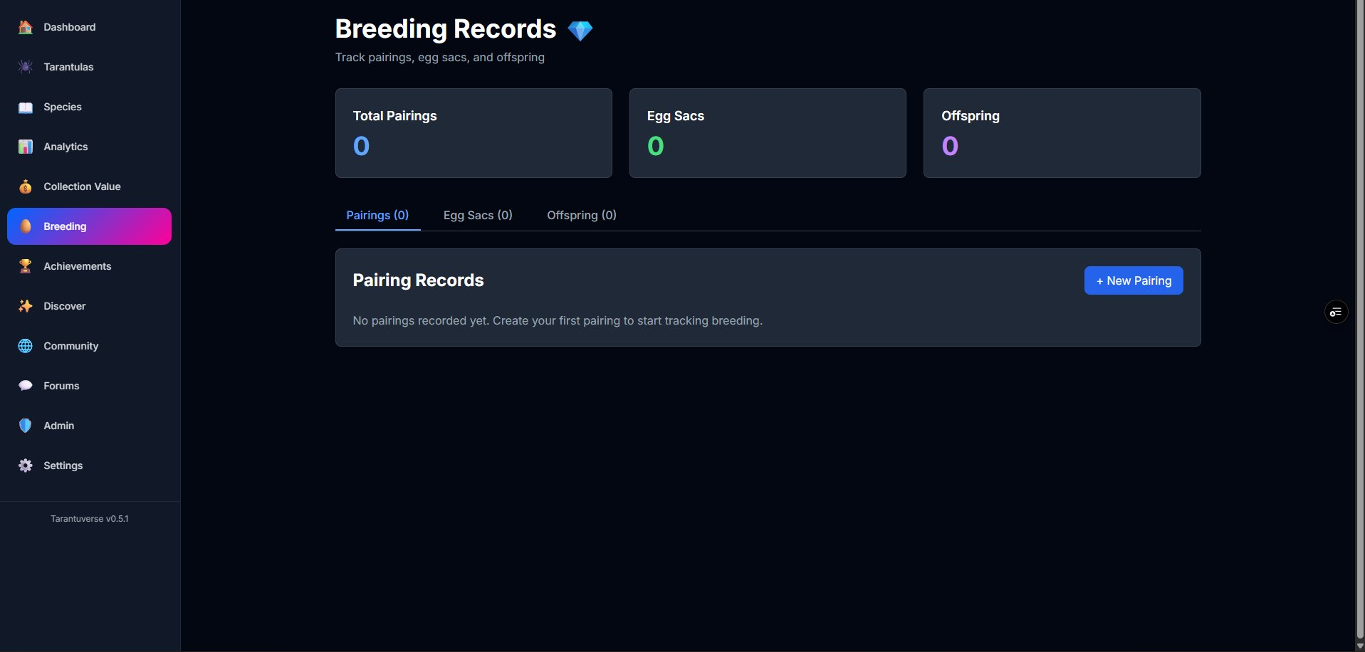 Breeding Records showing pairings, egg sacs, and offspring tabs