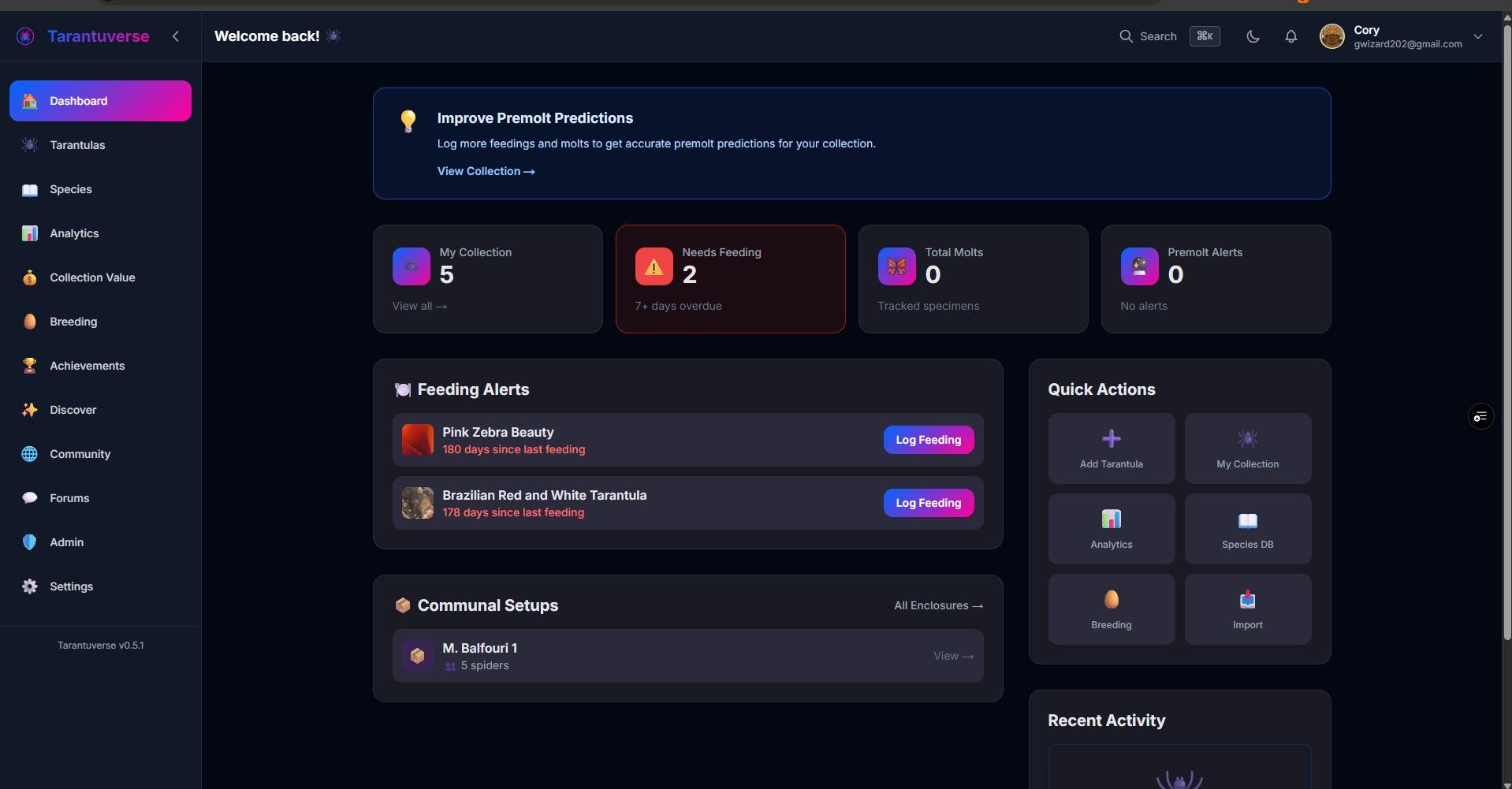 Tarantuverse dashboard showing feeding alerts and collection stats