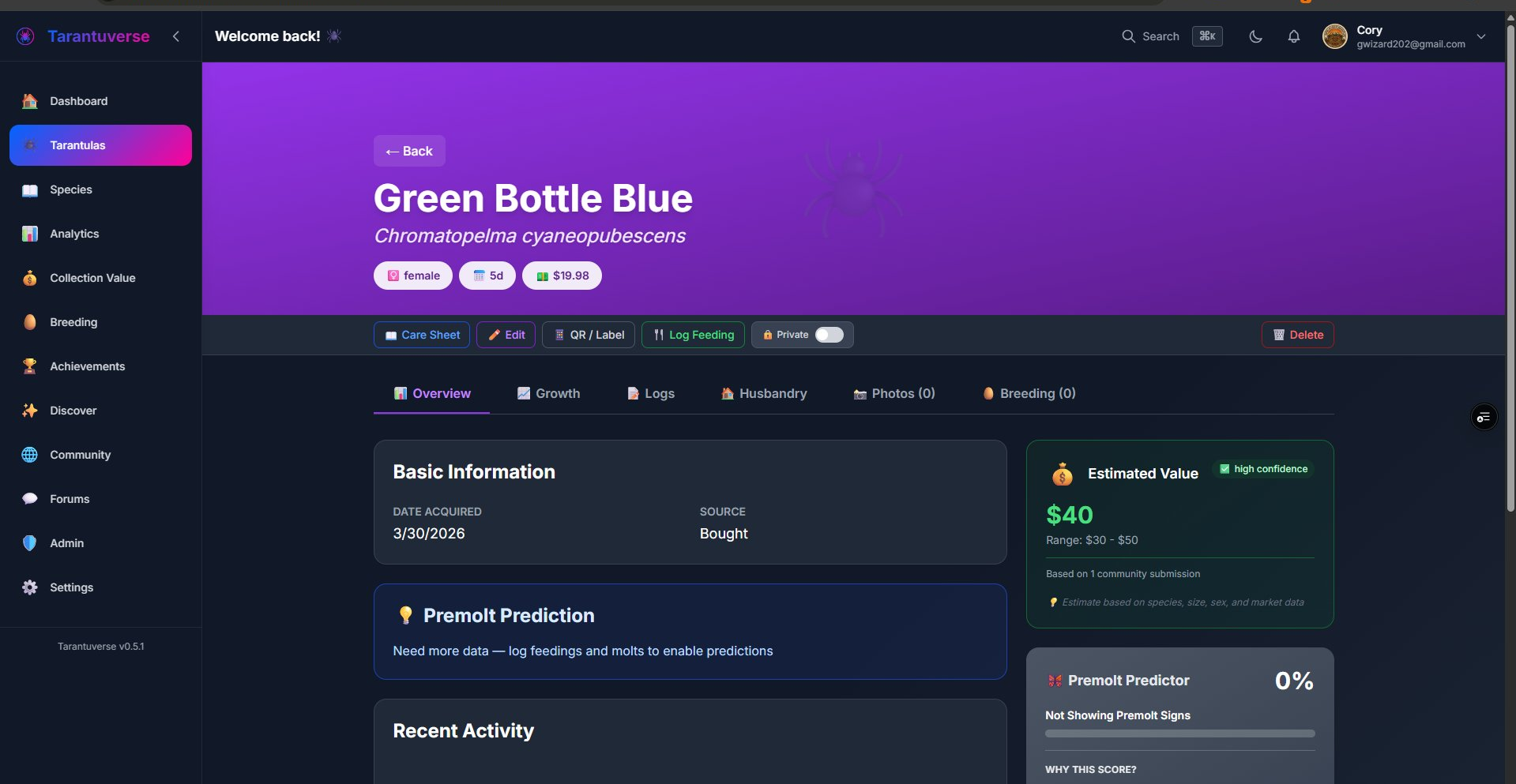 Green Bottle Blue tarantula detail page with purple gradient and care info